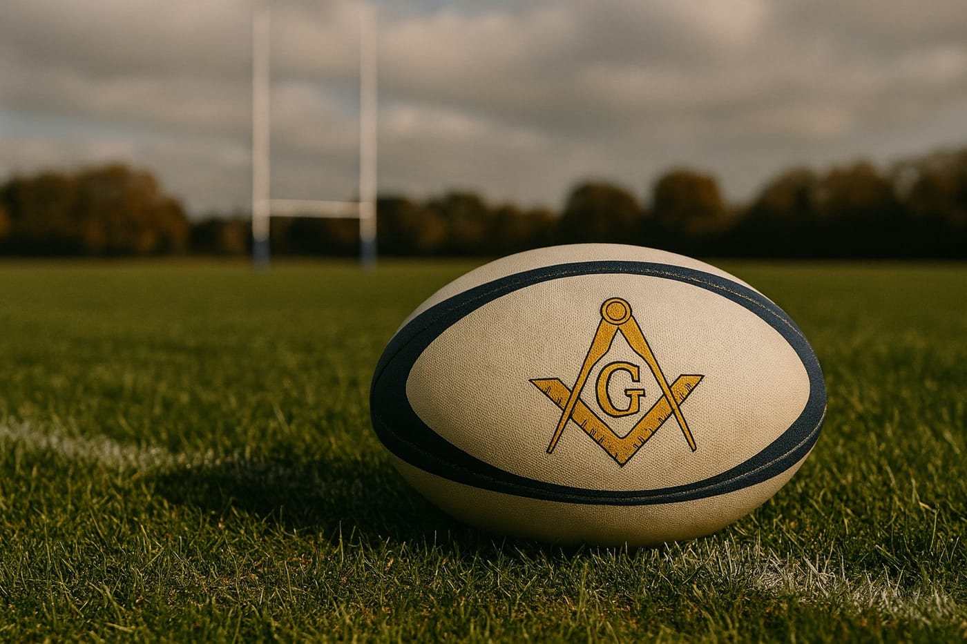 A rugby ball bearing the square and compasses on a rugby pitch